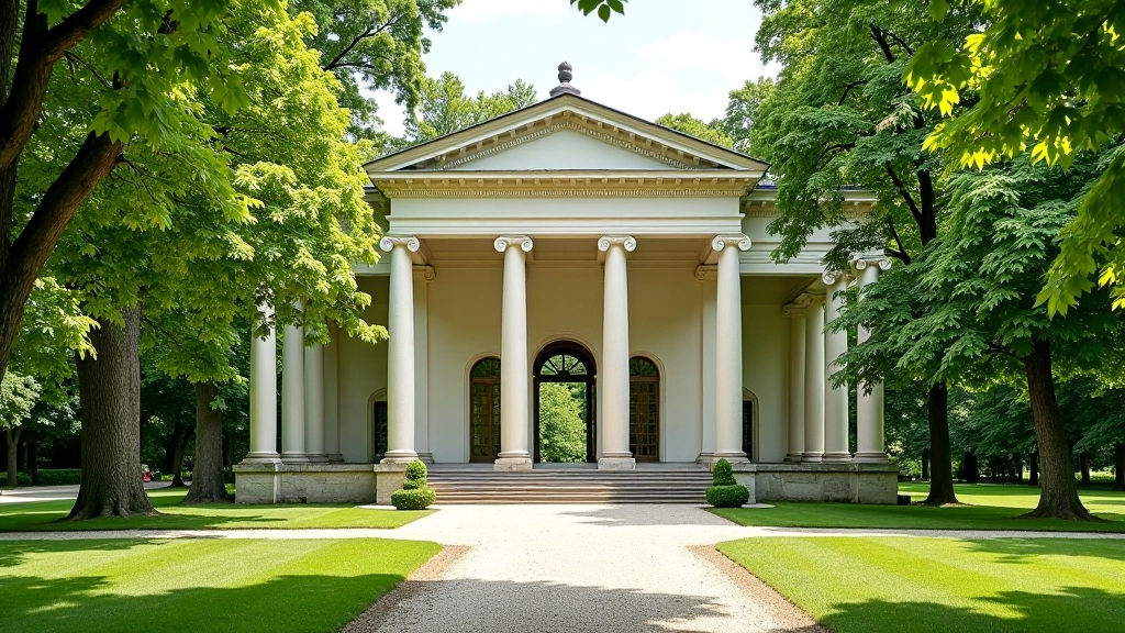 Verkių dvaro paviljonas su kolonomis, žalia aplinka aplink, senos architektūros detales
